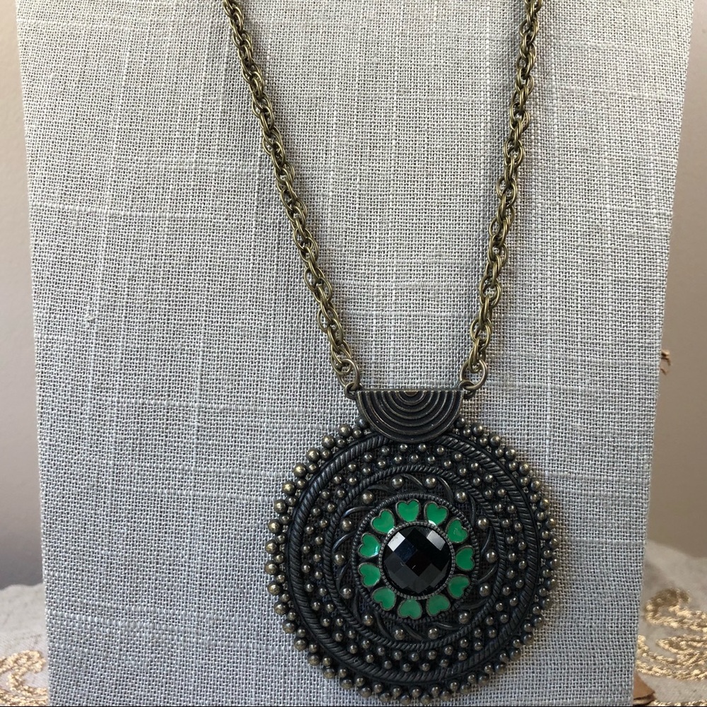 Large bronze green enamel medallion necklace